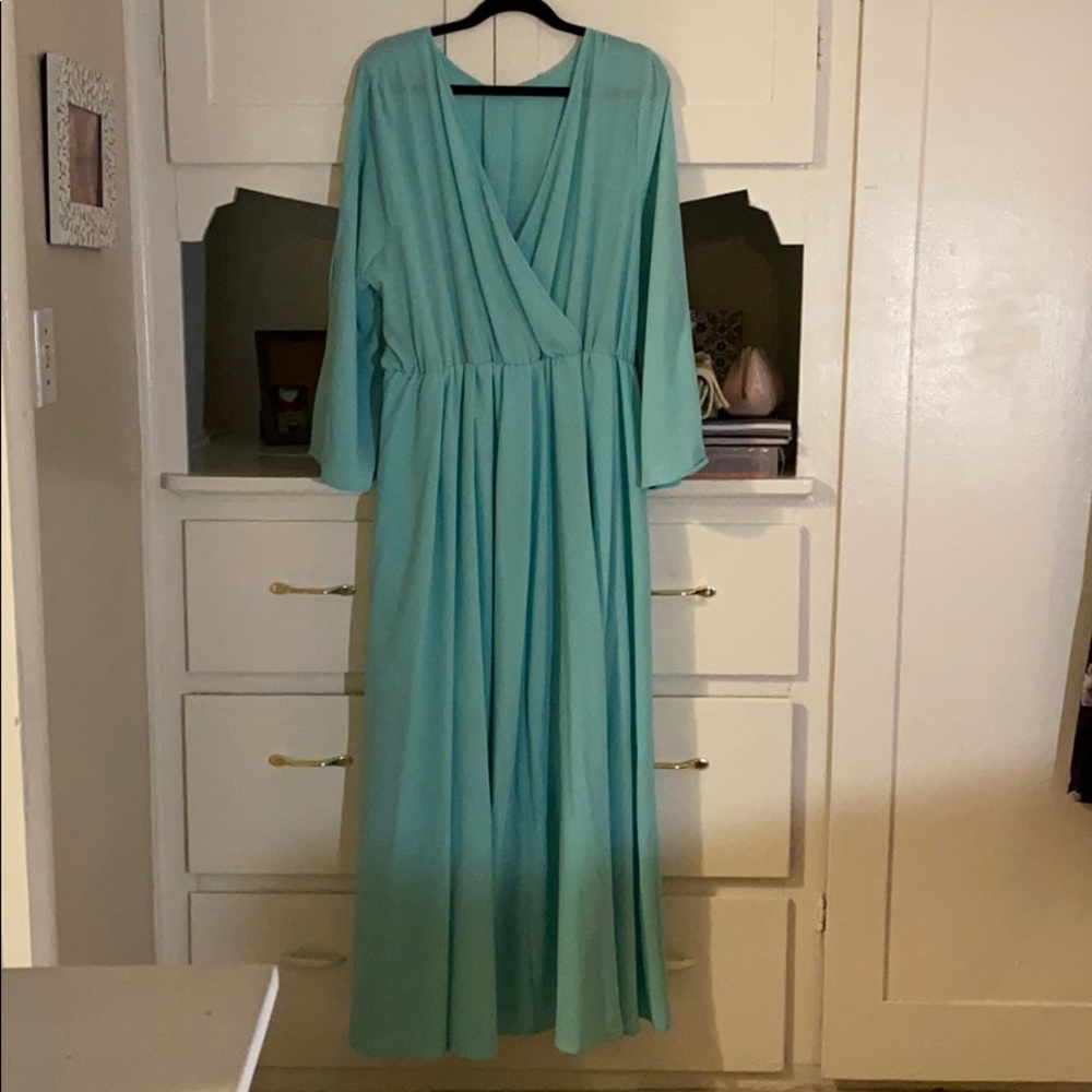 Aqua v neck floor length dress